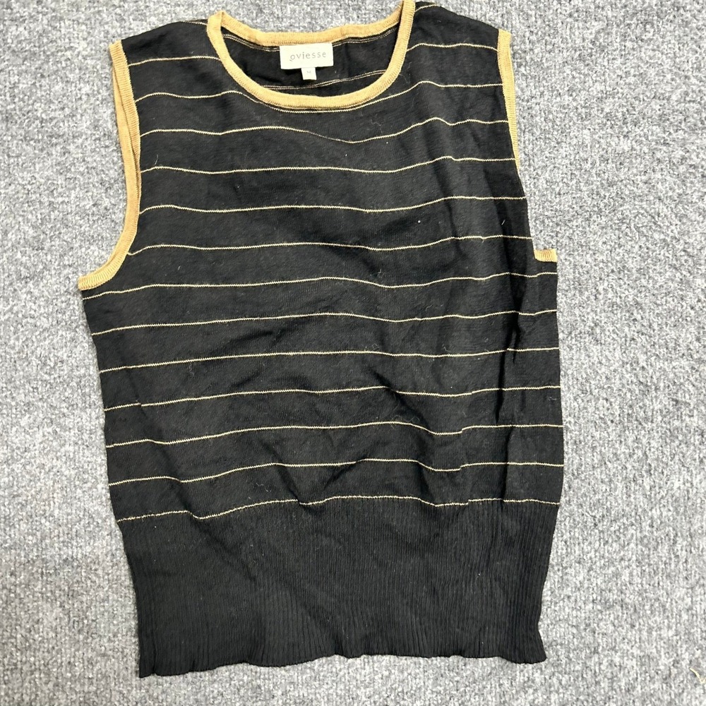 Oviesse Sweater Vest Womens Size M Black Tan Striped Knit Sleeveless Pullover